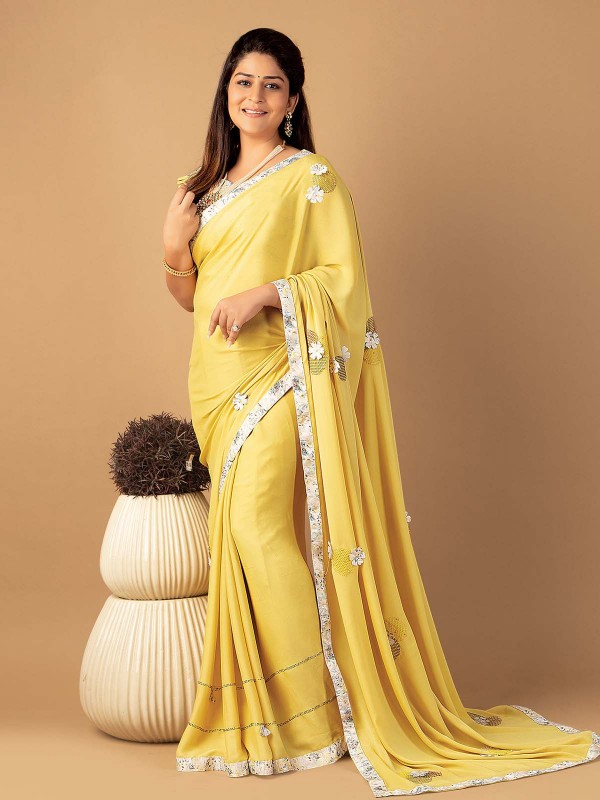 Yellow Fancy Dyed Digital Print Saree